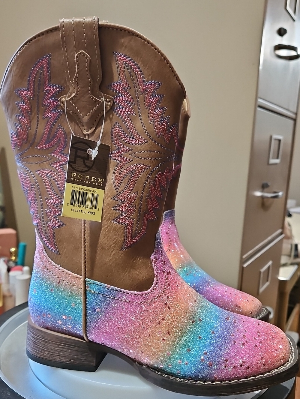 Roper Kids Glitter Rainbow Cowgirl Boots - Brown & Multicolor